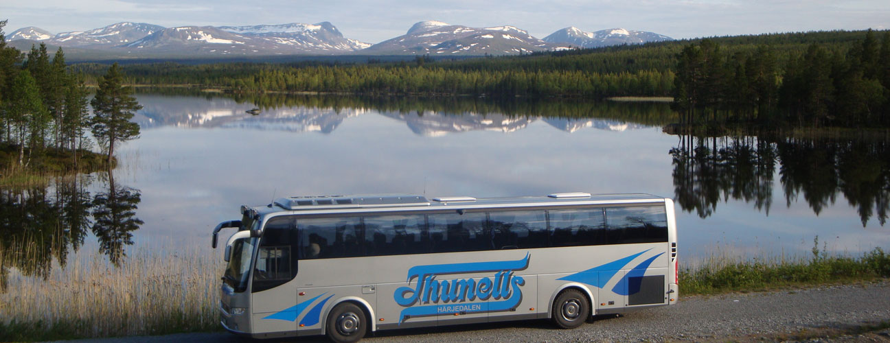 Thunells Buss står på en grusväg i fjällvärlden