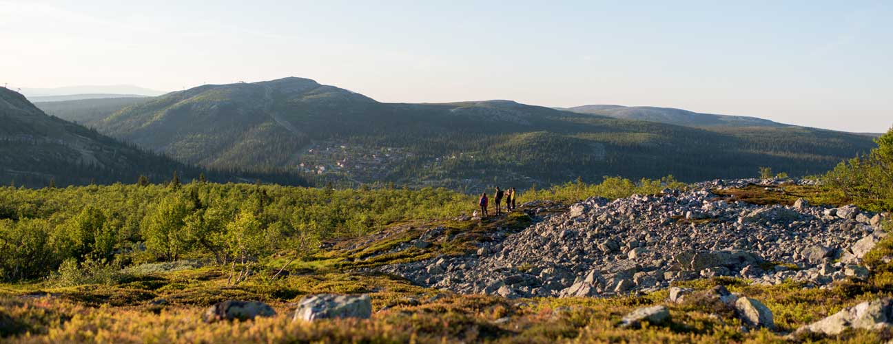 Familj ute och vandrar i fjällen under sommaren