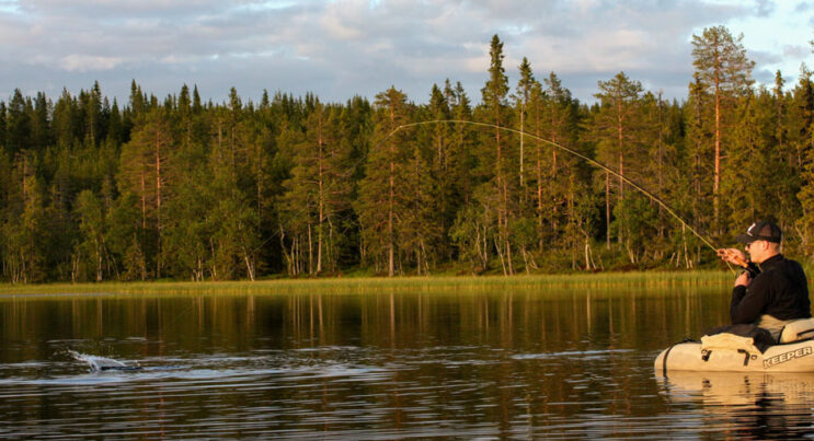 En fiskare i en liten båt i vacker skogstjärn.