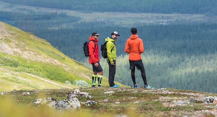 tre vandrare blickar ut från toppen av Sonfjället i Härjedalen