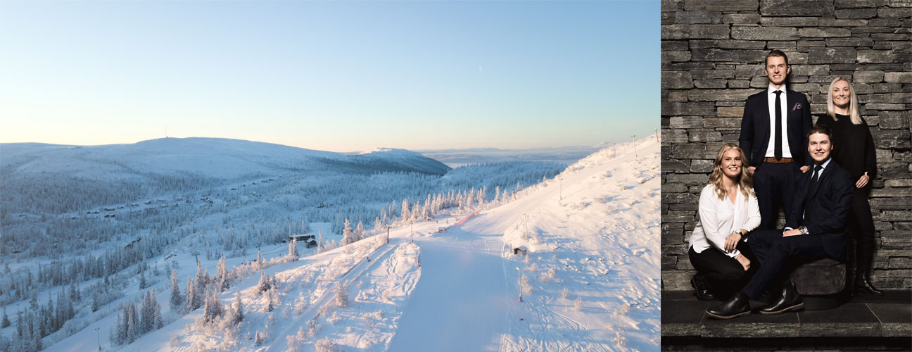 Tvådelad bild, ena bilden drönarbild på vemdalsskalet under vintern, andra bilden personal från Bjurfors
