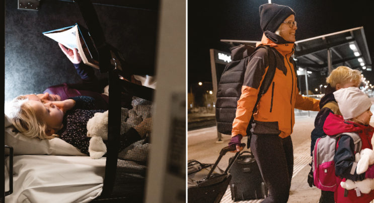 Familj som åker nattåg, tågbädd och bagage