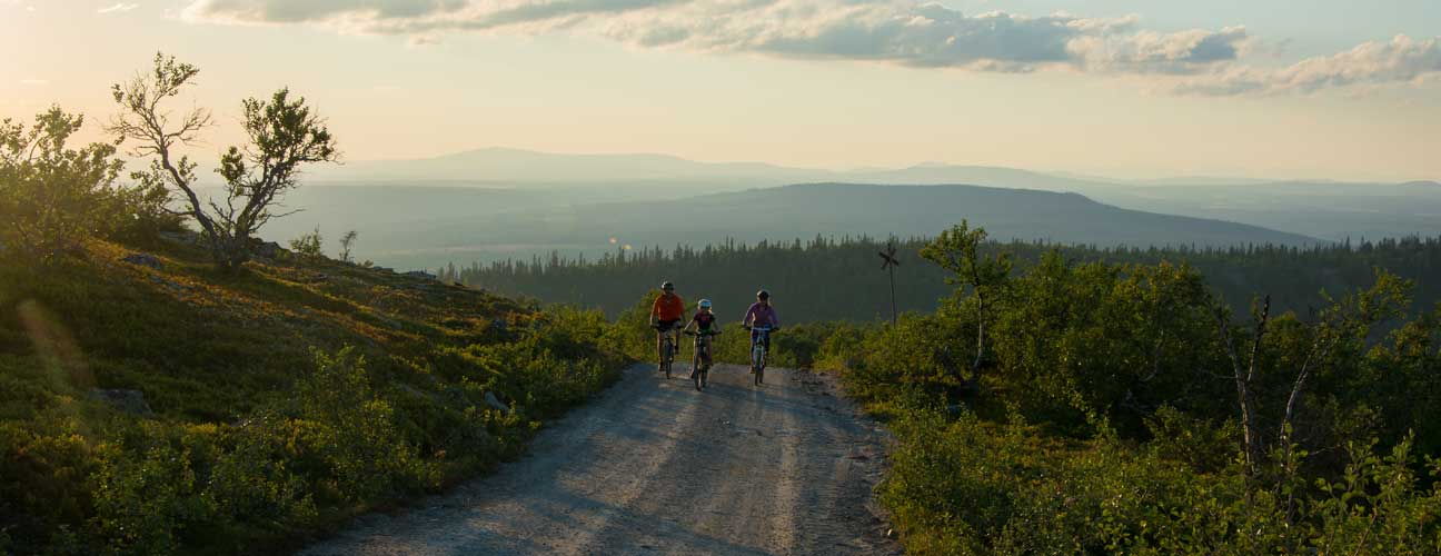 Familj cyklar på grusväg i solnedgång med fjällvärld i bakgrunden.