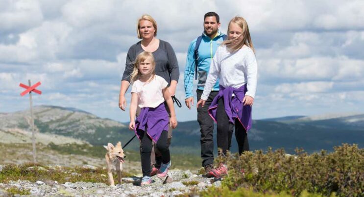 Familj med mamma och pappa, två barn och hund vandrar i fjällen