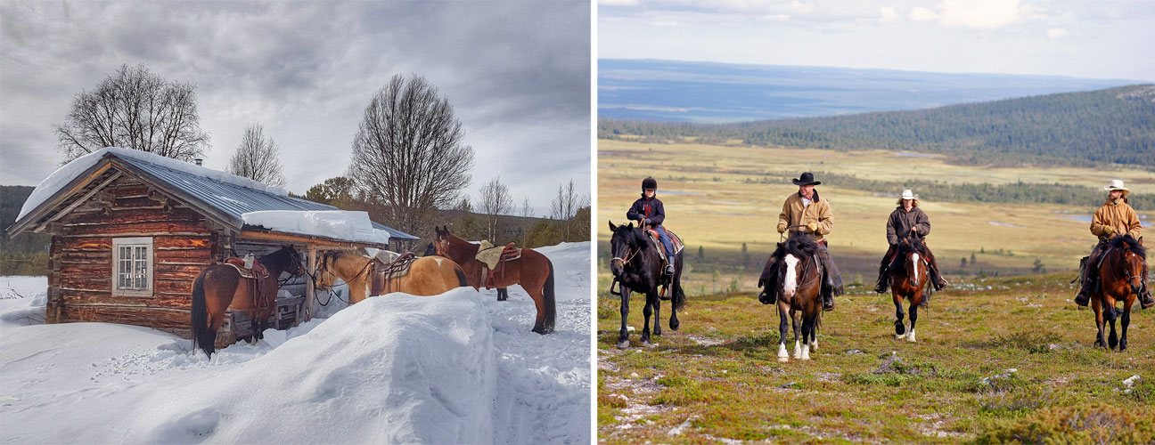Två bilder, båda med hästar. Den vänstra är ett vinterlandskap med hästar som står vid en stuga. Högra bilden är fyra ryttare på varsin häst med fjällvärld i bakgrunden i ett sensommarlandskap